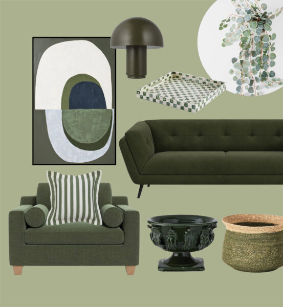 colour drenching sage green living room furniture, decor and wall art
